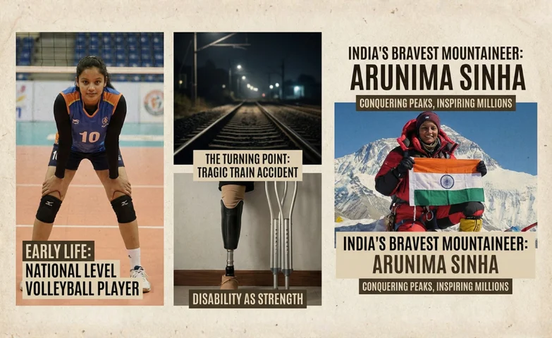 Arunima Sinha standing proud on a mountainous summit — India’s bravest mountaineer and Everest conqueror