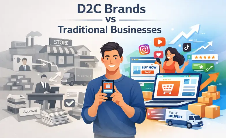 Illustration comparing D2C brands and traditional businesses, showing digital-first direct-to-consumer model with smartphones, social media, fast delivery, and customer interaction