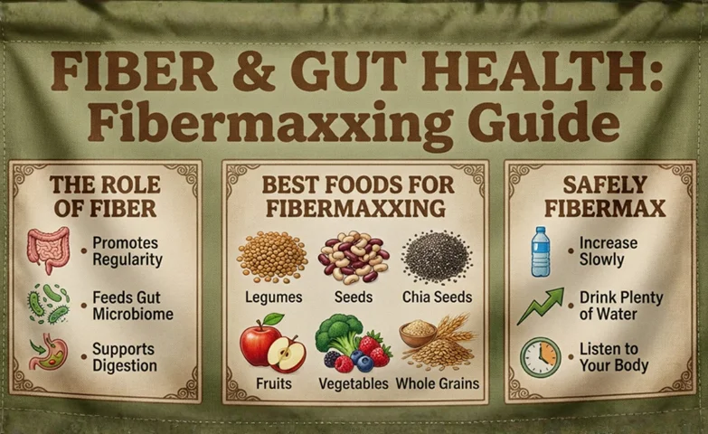 Fibermaxxing concept showing fiber-rich foods that support gut health