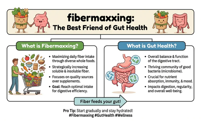 Fibermaxxing and Gut Health Explained Graphic illustrating fibermaxxing and gut health benefits, showing dietary fiber impact on digestive wellness