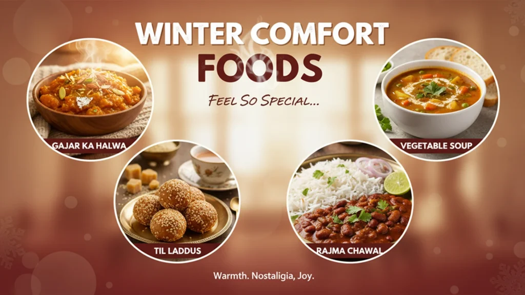 Heartwarming winter comfort foods in India including gajar ka halwa, vegetable soup, til laddus and rajma chawal