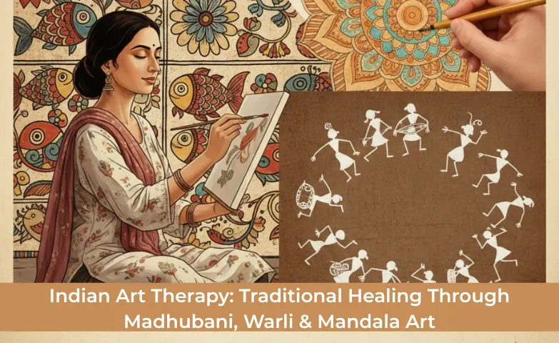 Indian art therapy healing through traditional Madhubani Warli and Mandala folk art patterns