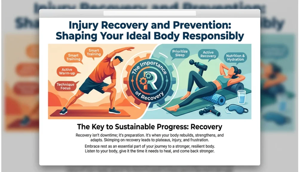 Athlete practicing injury recovery and prevention in a gym, focusing on safe training to build an ideal body without injury