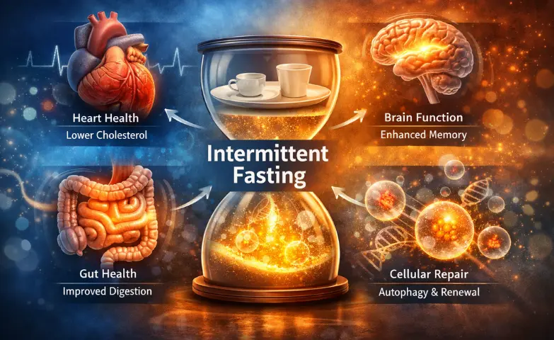 Illustration showing intermittent fasting improving organ health, brain function, heart health, and digestive system through cellular repair