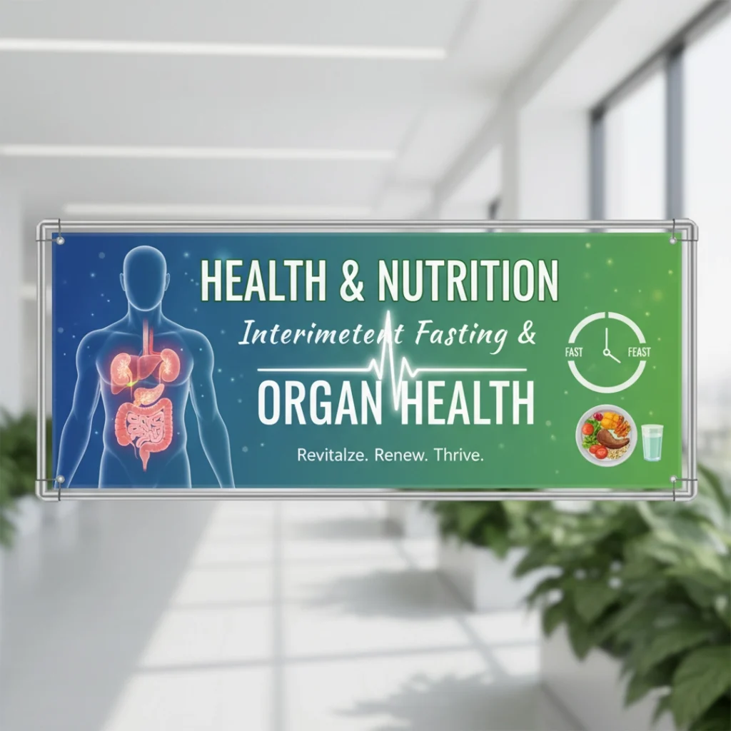 Illustration showing intermittent fasting improving organ health, brain function, heart health, and digestive system through cellular repair