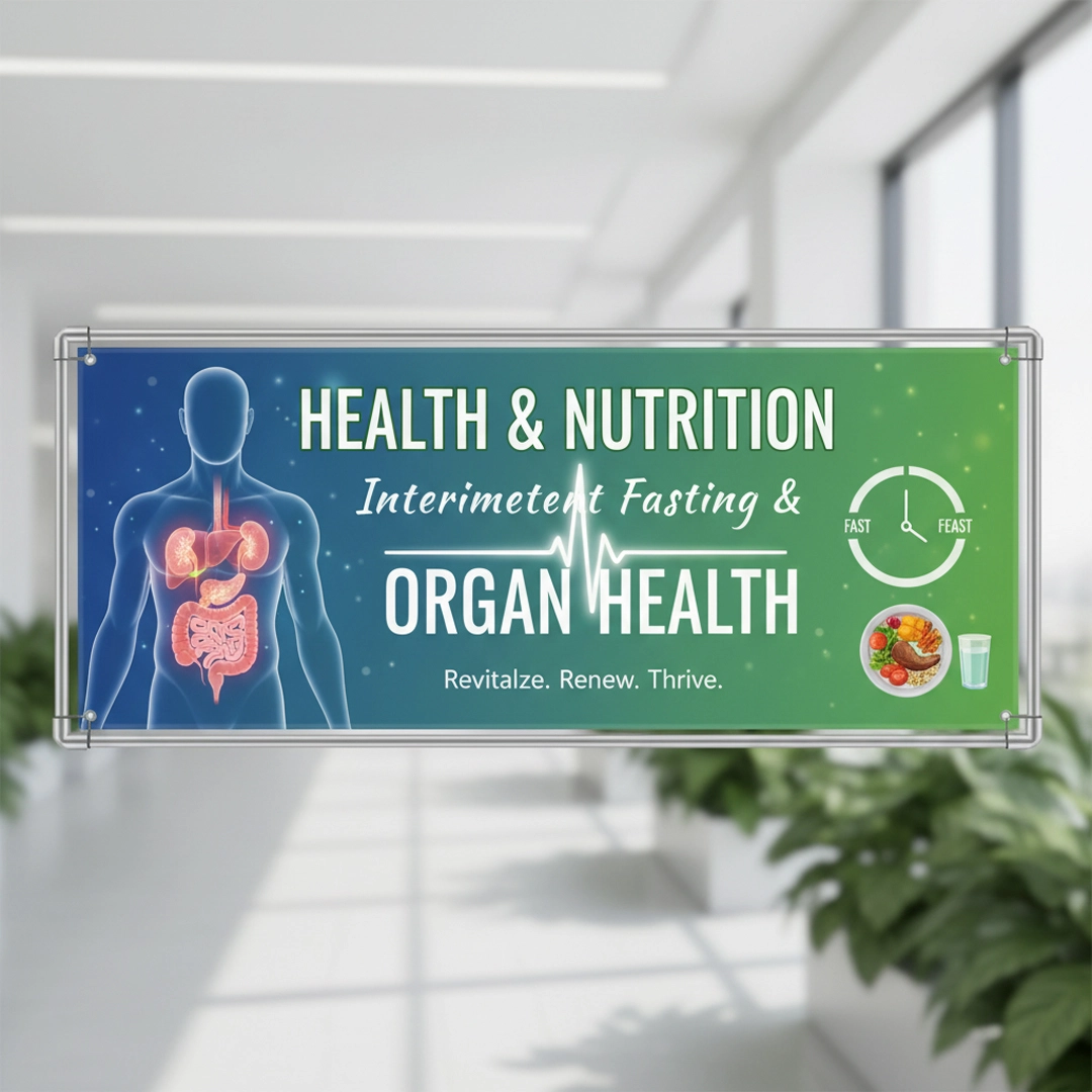 Illustration showing intermittent fasting improving organ health, brain function, heart health, and digestive system through cellular repair