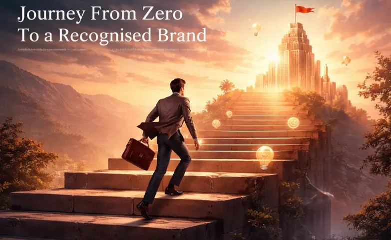 Founder climbing steps toward brand recognition, symbolizing the journey from zero to a recognised brand built with purpose and trust