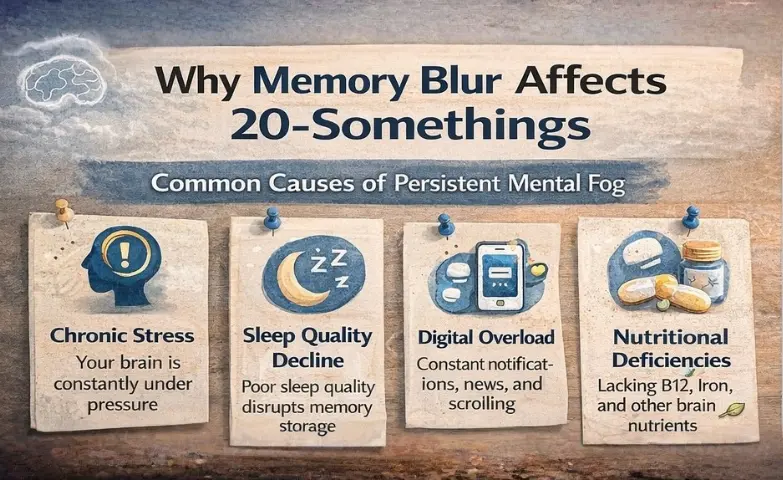 Memory Blur in Your 20s – Mental Fog and Forgetfulness in 2026 Illustration representing memory blur and mental fog in your 20s, showing cognitive fog and forgetfulness