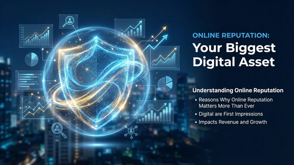 Online reputation shown as a balance between trust and risk, highlighting how digital reviews and credibility can build or damage a brand